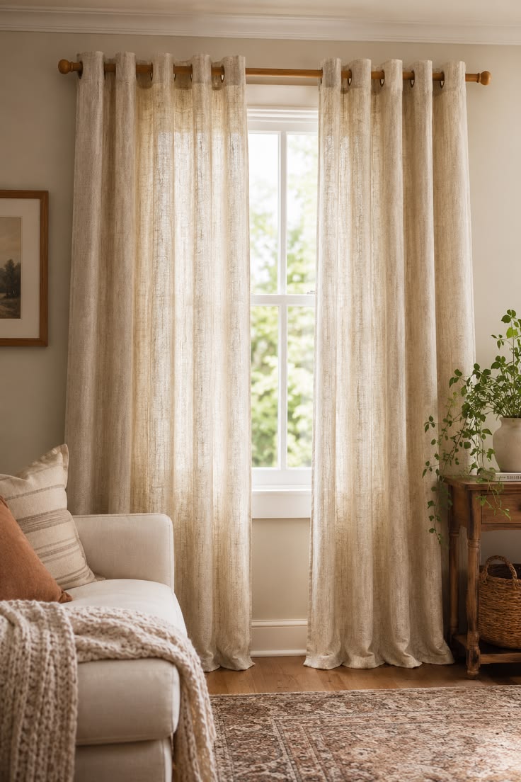Natural oatmeal linen curtains framing a bright living room window