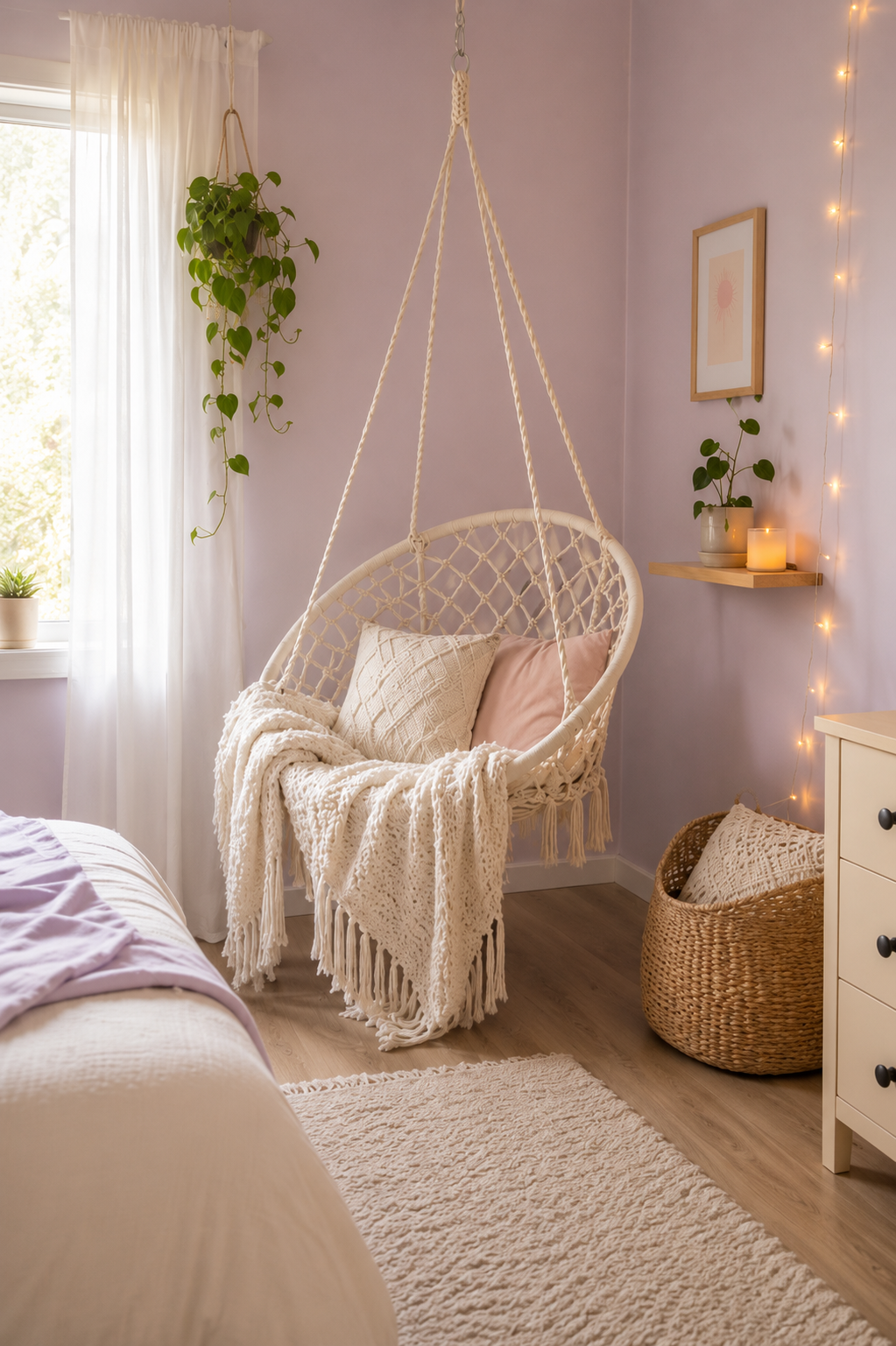 Cream macrame hanging hammock chair with fringe and pillows