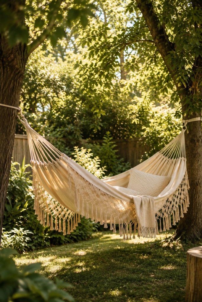 Cream woven cotton hammock with fringe hanging outdoors