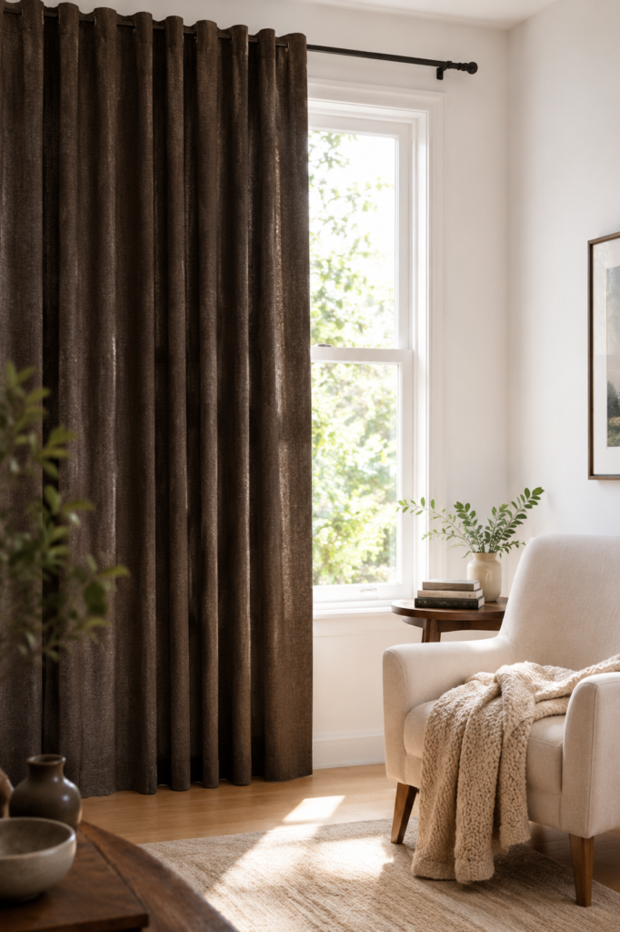 Dark brown semi-sheer linen curtains filtering daylight in bright room