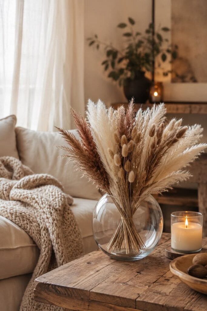 Dried pampas grass bouquets in vases on table