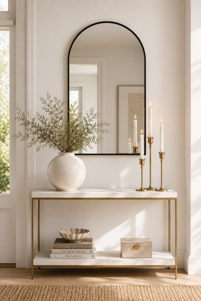 Alt text: Black arch mirror with brass candle holders and white vase on entryway console