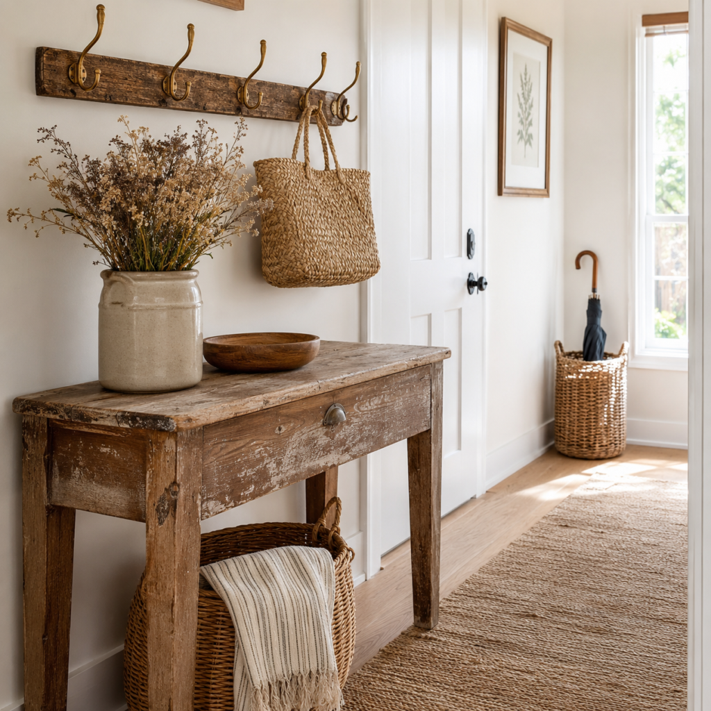 entryway with weathered wood console and brass hooks