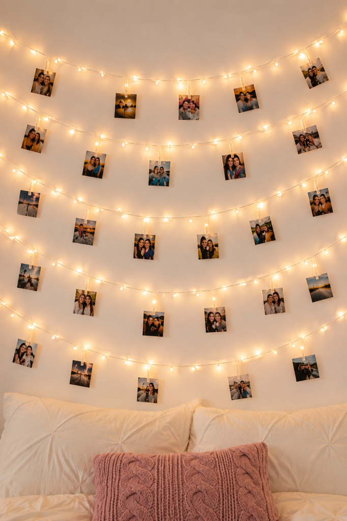 Warm white fairy lights draped on a wall with clipped photos