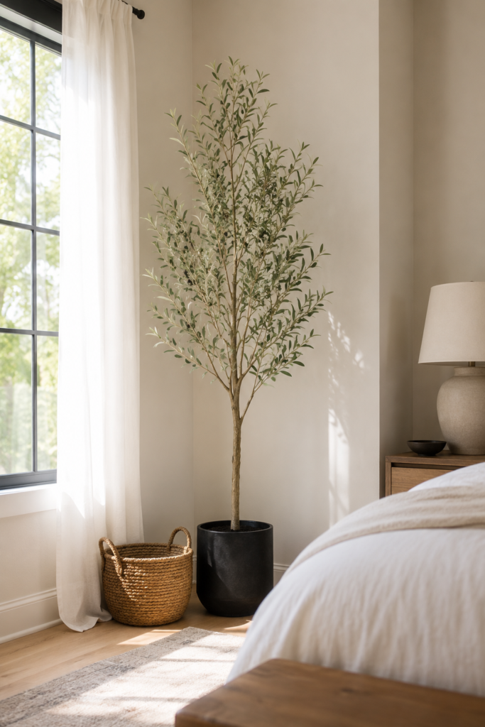 Tall faux olive tree in a black planter by a bright window
