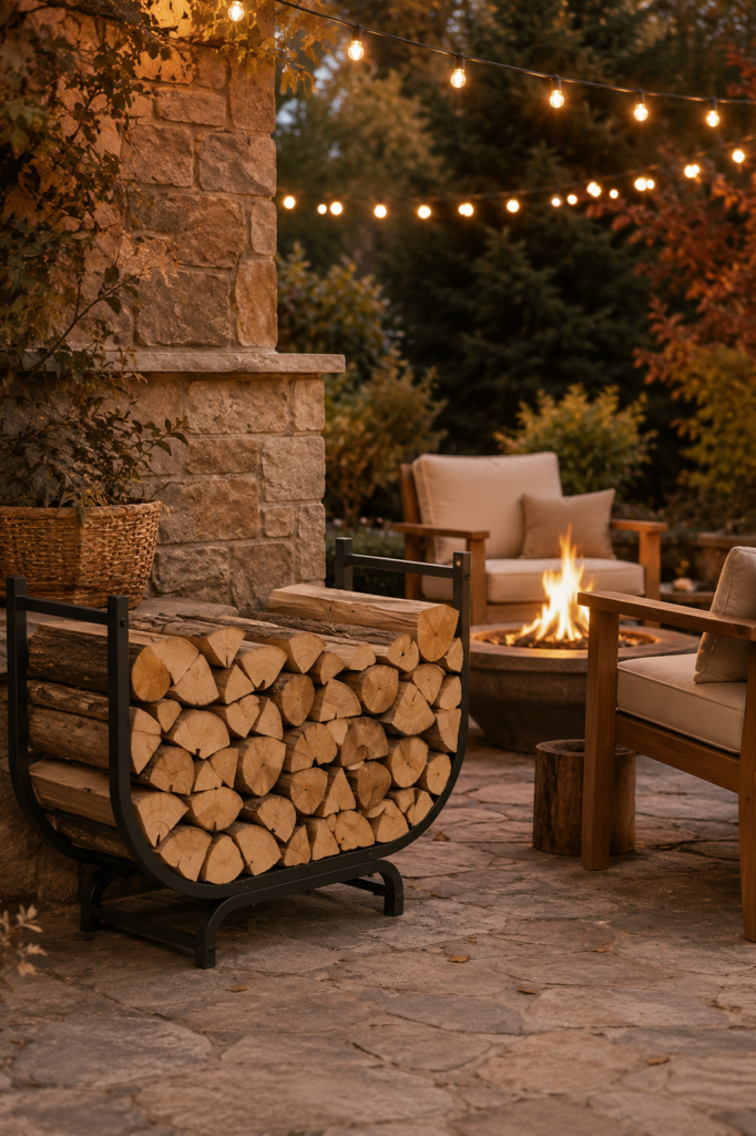 Black curved metal firewood storage rack stacked with logs on a stone patio near a lit fire pit and outdoor seating