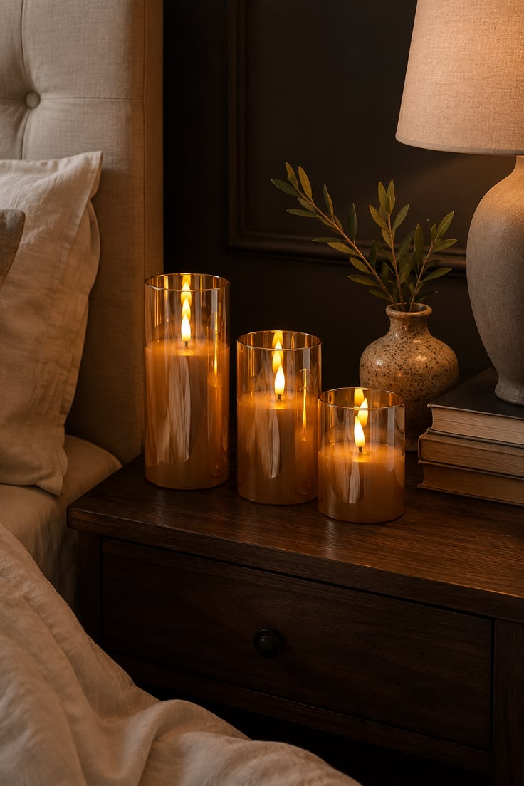 Set of three gold glass flameless LED pillar candles