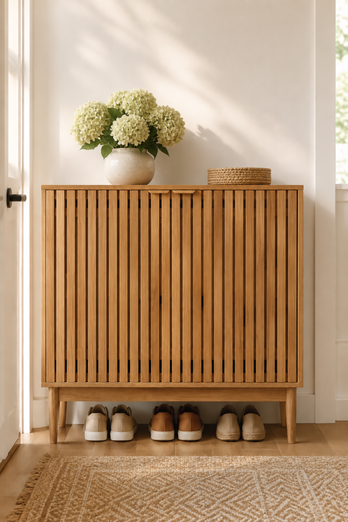 Natural wood fluted shoe storage cabinet with tapered legs in entryway