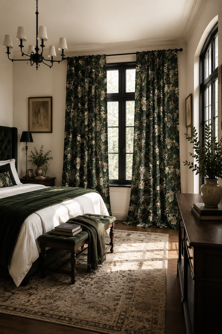 Forest green floral blackout curtain panels on window