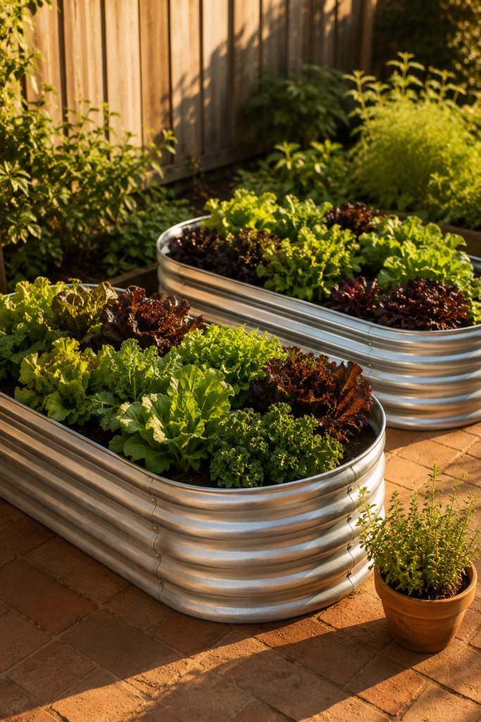 Two galvanized raised garden beds filled with greens on outdoor patio
