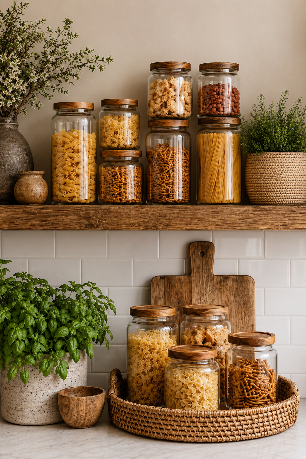 Glass pantry storage jars with wood lids on counter