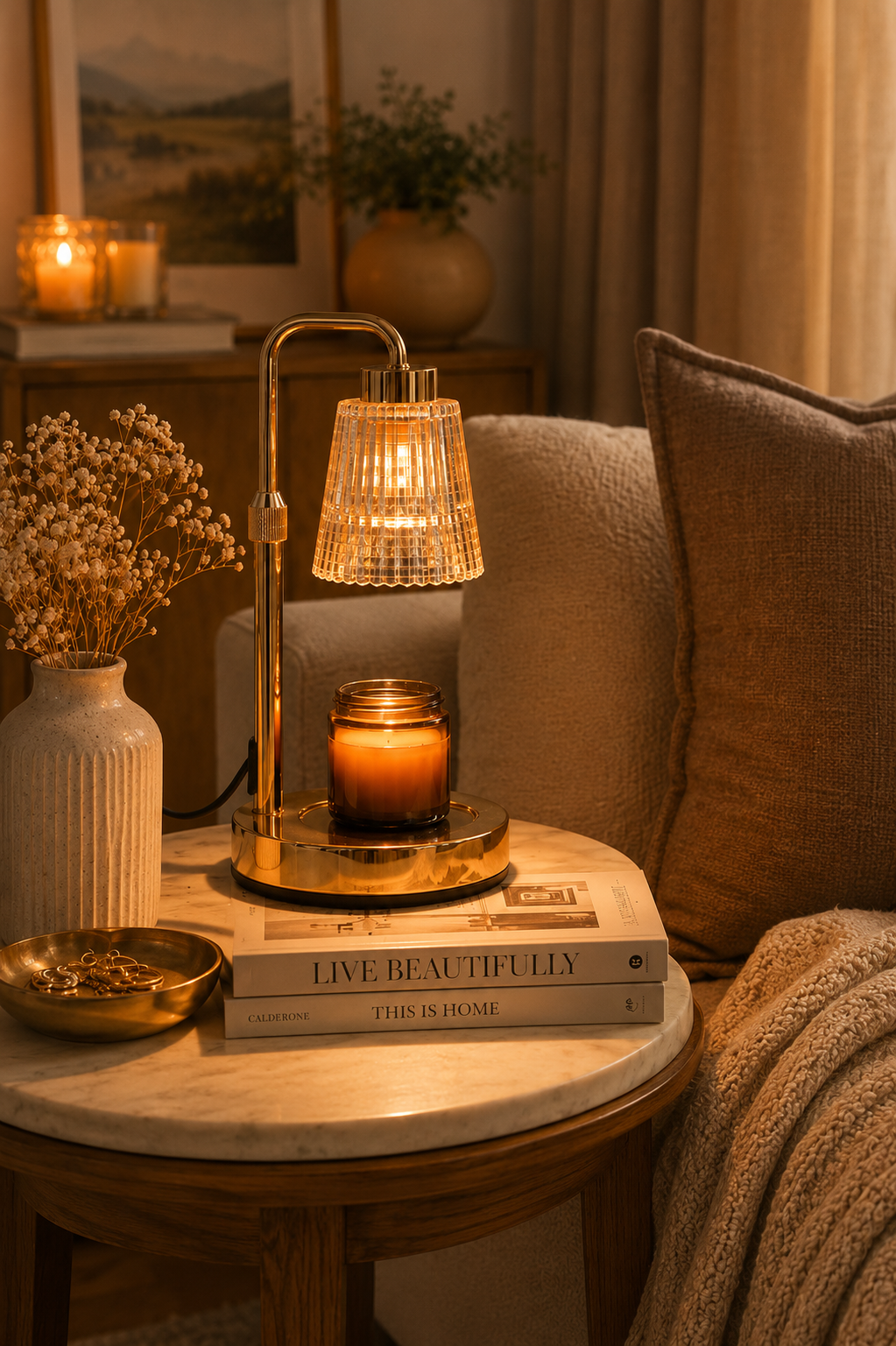 Gold candle warmer lamp with glass shade melting wax candle