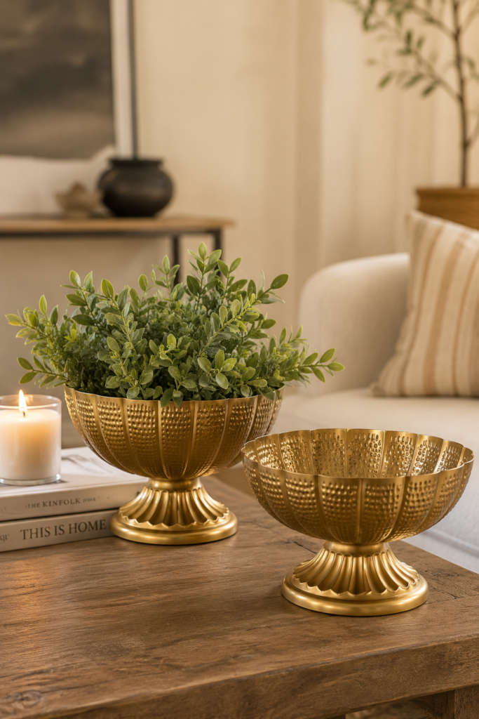 Set of two gold fluted pedestal compote bowls