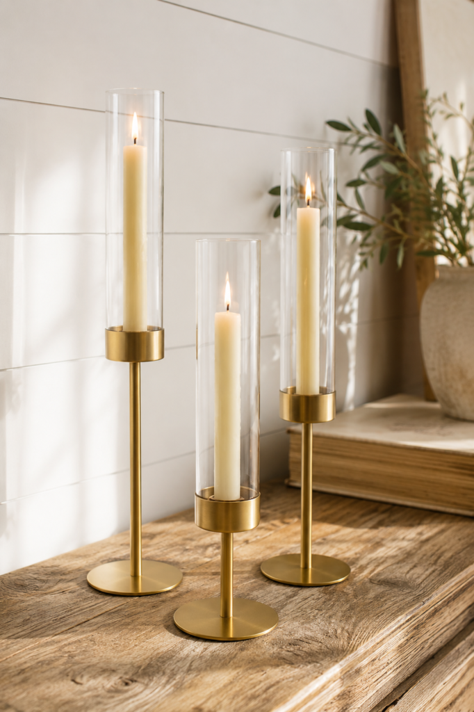 Set of three tall gold and glass hurricane candlestick holders with taper candles