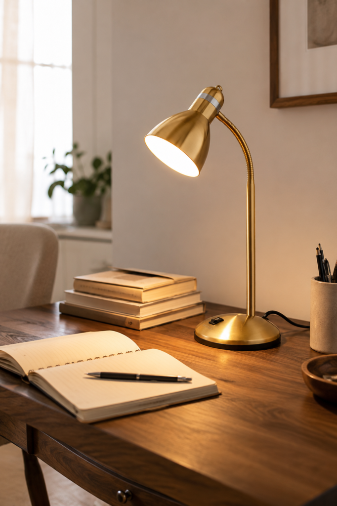 Gold goose-neck desk lamp lit and casting warm light on a walnut desk