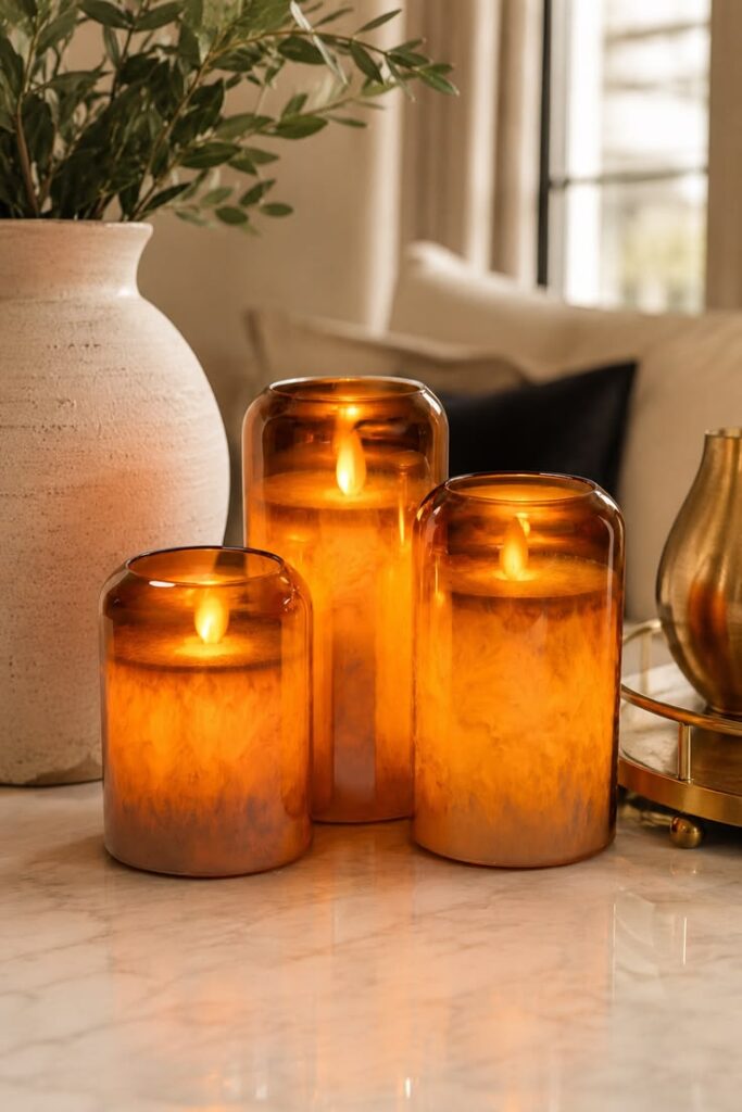 Gold hurricane LED candles set of three flickering warm light