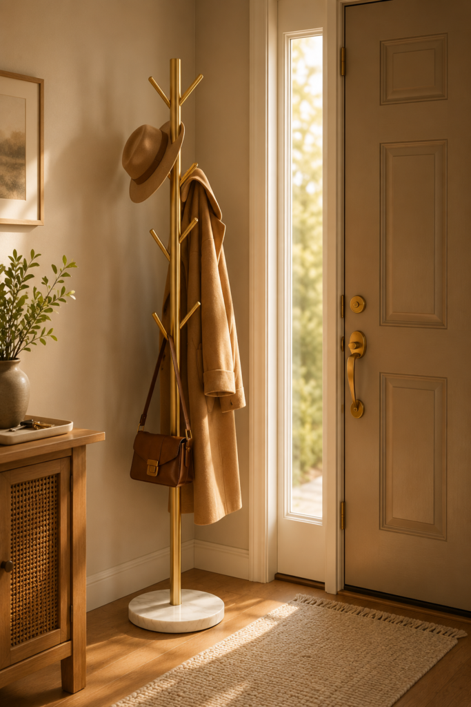Gold freestanding coat rack with white marble base in entryway corner