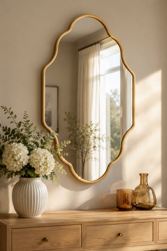 Ornate scalloped gold frame wall mirror above console with flowers