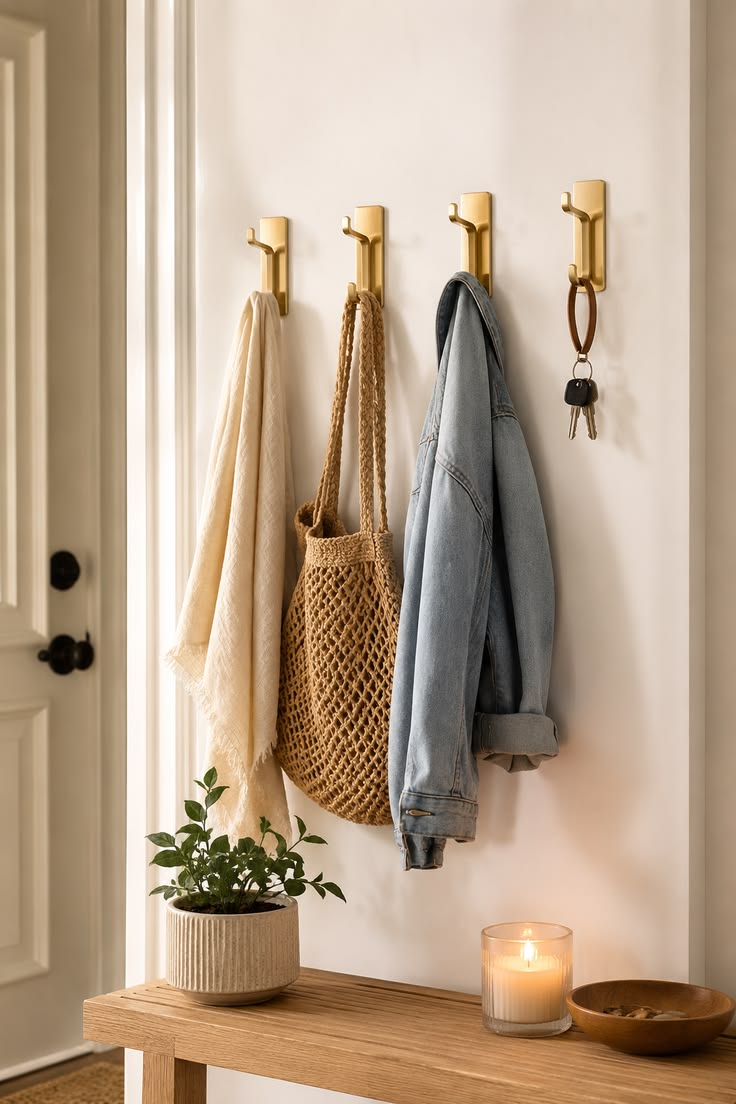 Gold self-adhesive wall hooks holding towels