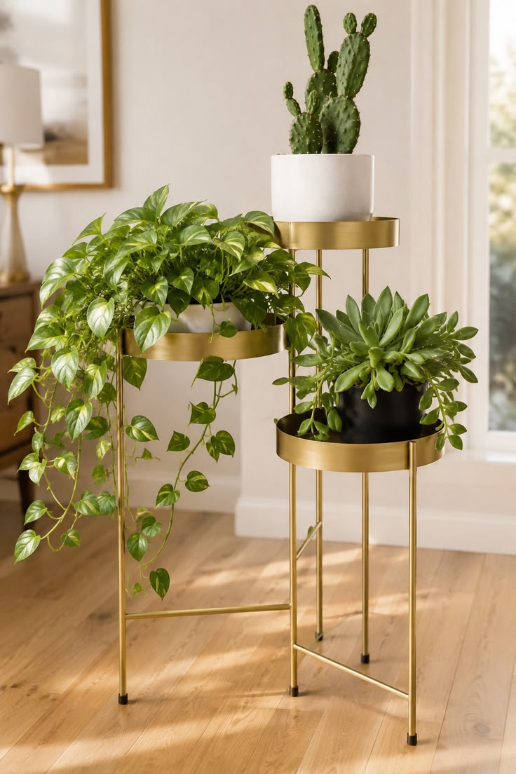 Gold tiered metal plant stand with rotating round platforms