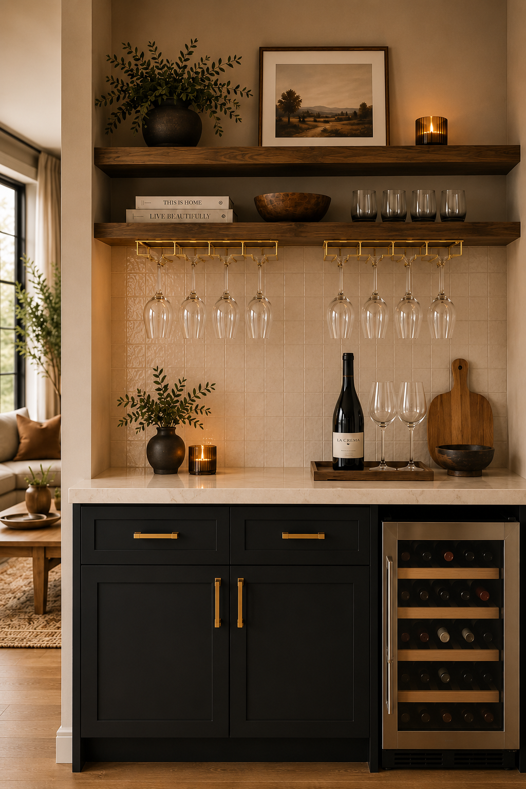 Gold under-cabinet wine glass rack holding stemware