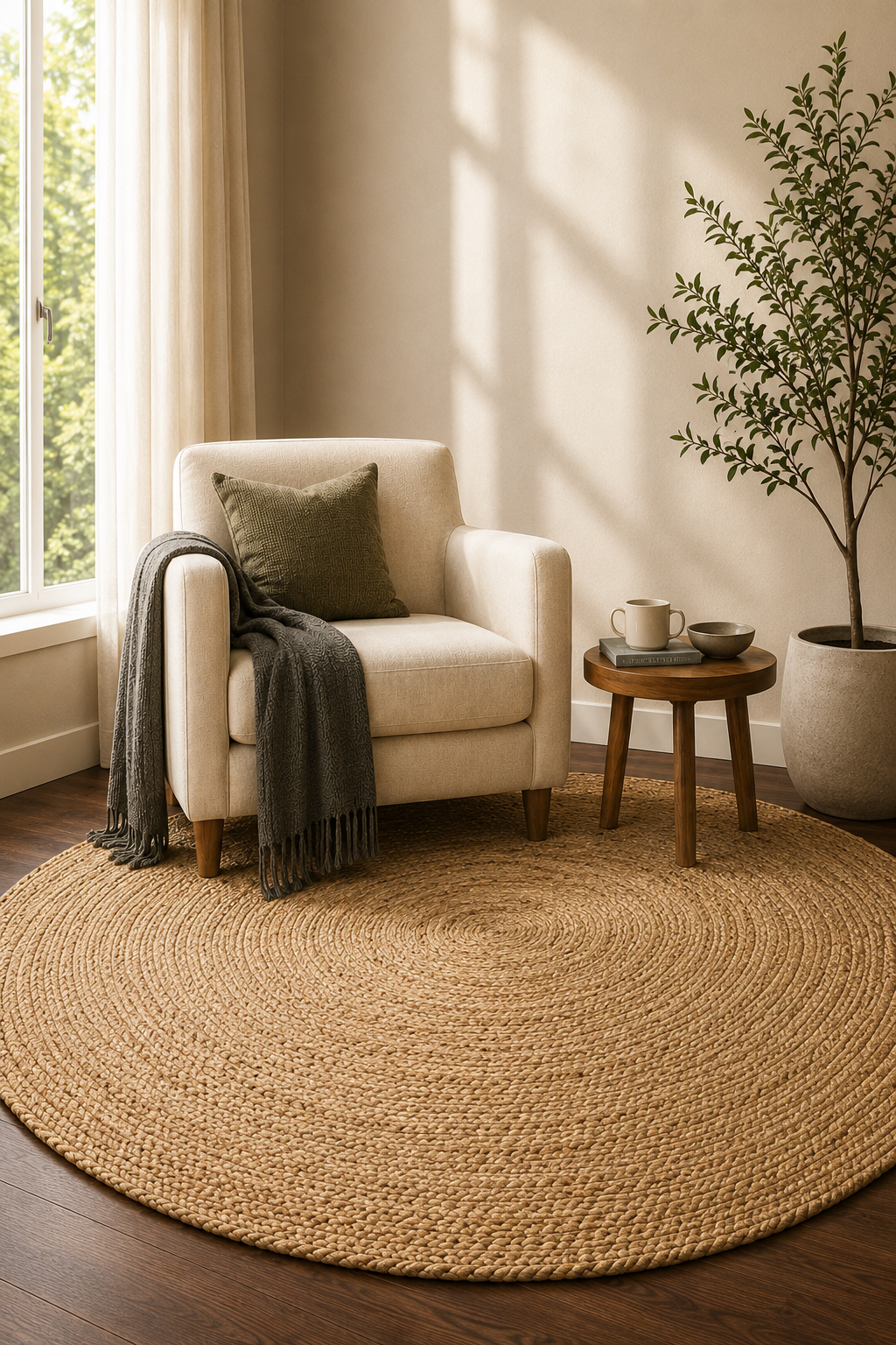 Round hand-woven jute area rug on wood floor