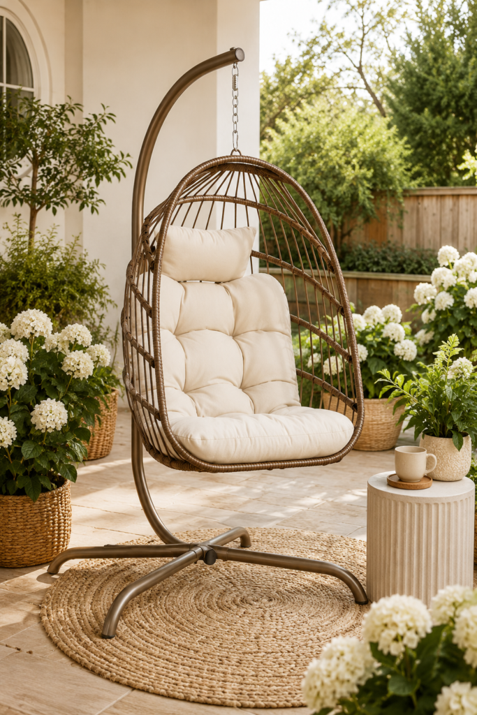 Rattan hanging egg swing chair with cream cushion on a bronze stand, surrounded by hydrangeas on a sunlit patio