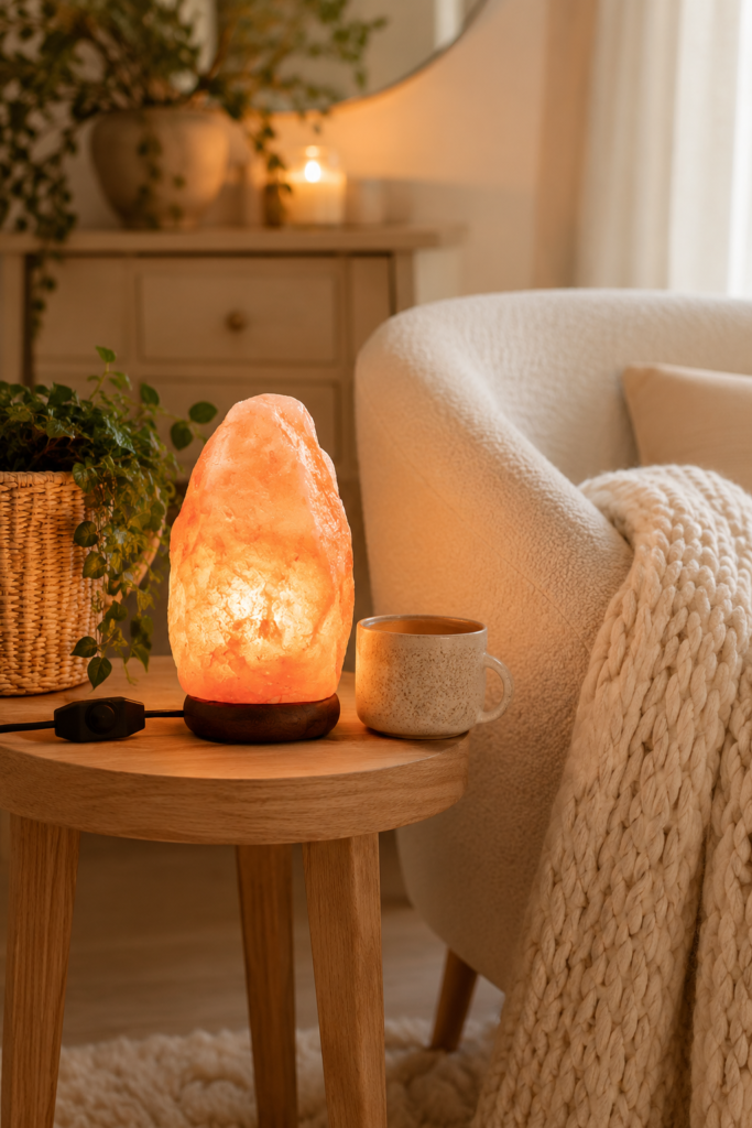 Glowing Himalayan salt rock lamp with wood base on a light wood side table next to a cream bouclé chair and knit throw blanket