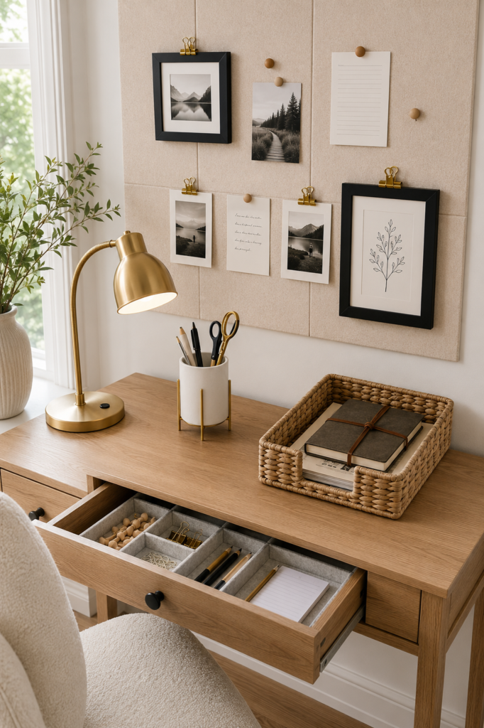 Styled home command centre with an oatmeal felt board, gold desk lamp, and sorted drawer