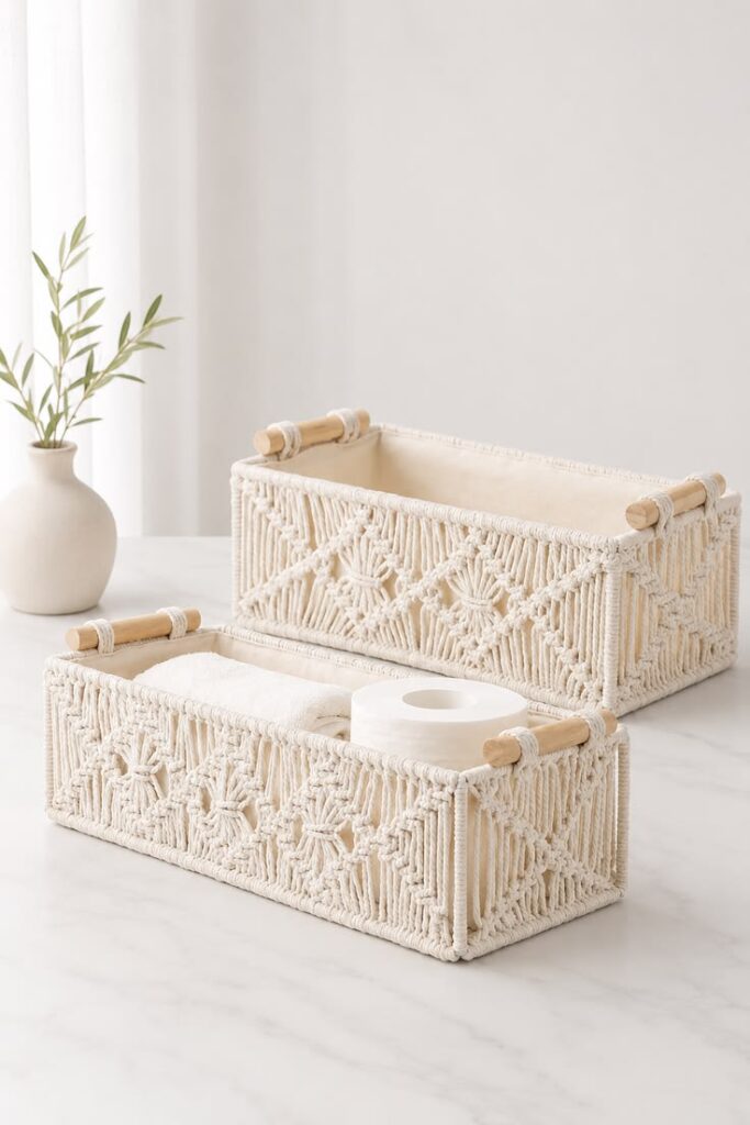 Set of two ivory macramé storage baskets on counter