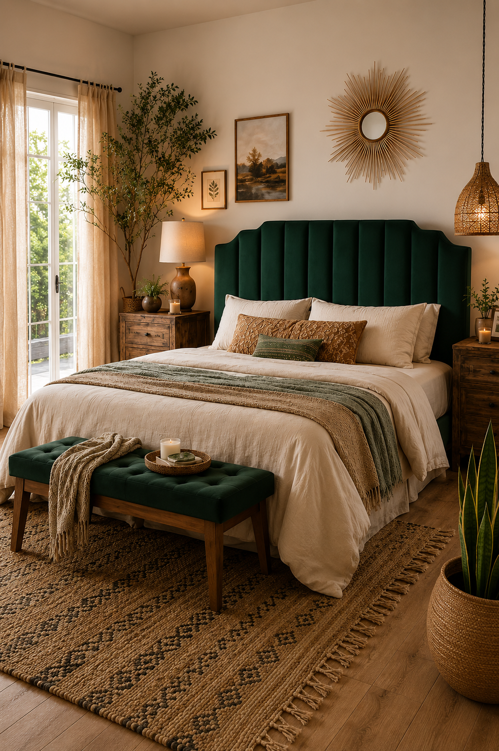Jade green velvet channel-tufted king headboard