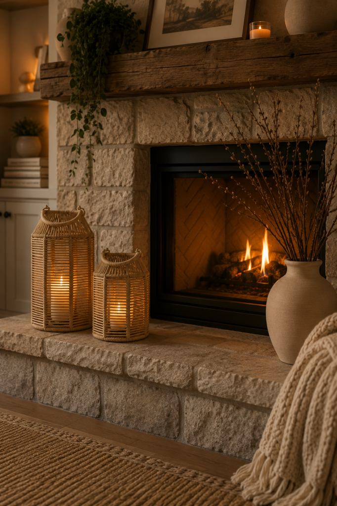 Two natural jute woven lanterns with lit candles glowing on a stone fireplace hearth, styled with a ceramic vase and warm firelight