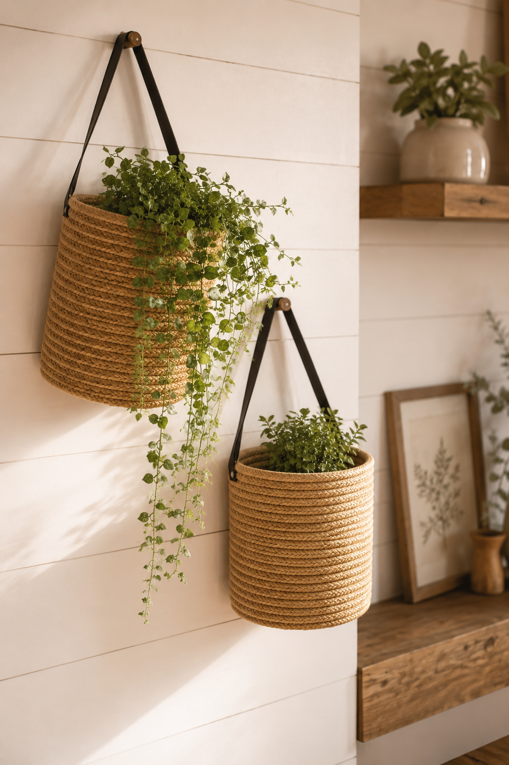 Jute woven hanging basket with leather strap and trailing plant