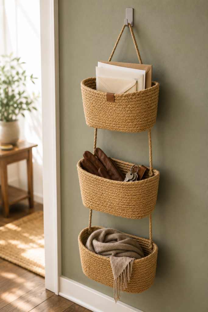 Three-tier jute rope hanging storage baskets on an over-door hook