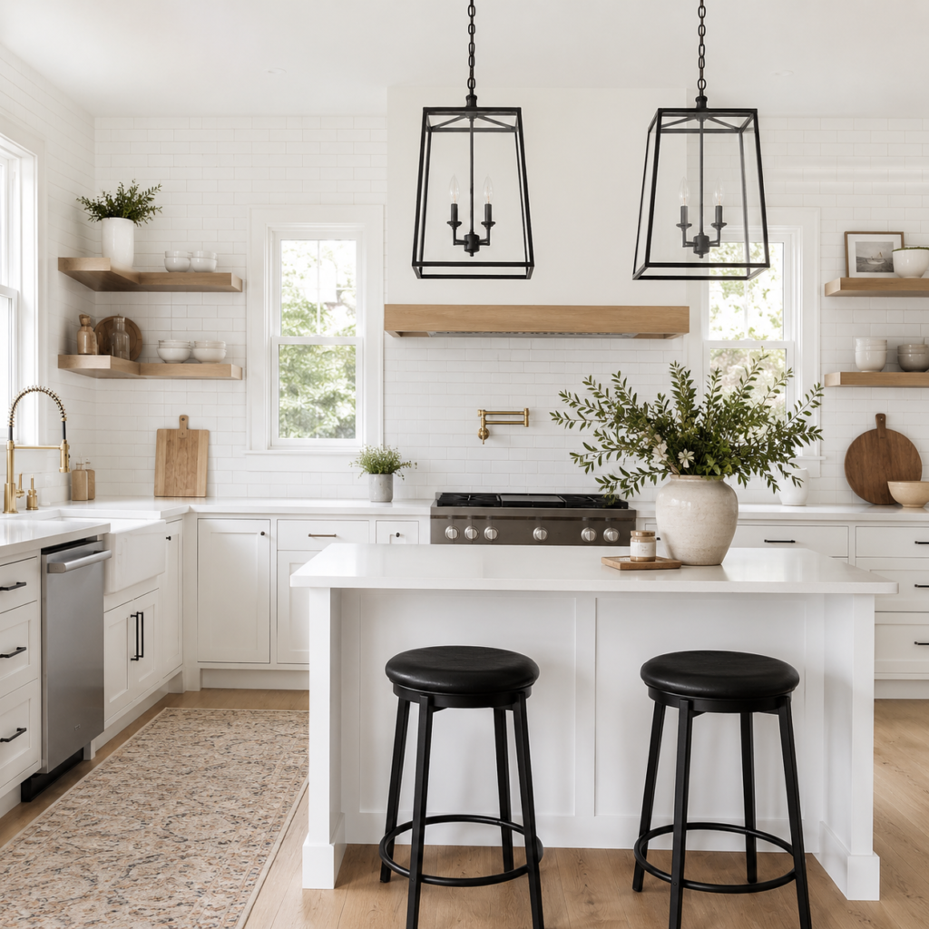 white farmhouse kitchen with walnut shelving and black pendants