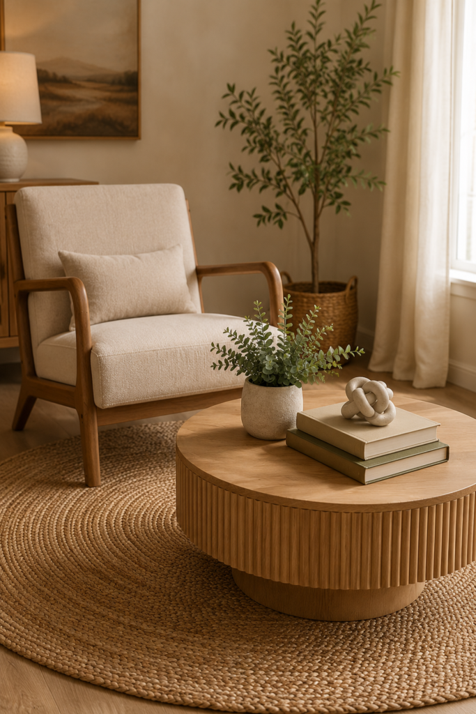 Styled living room corner with chair, coffee table, rug, and decor