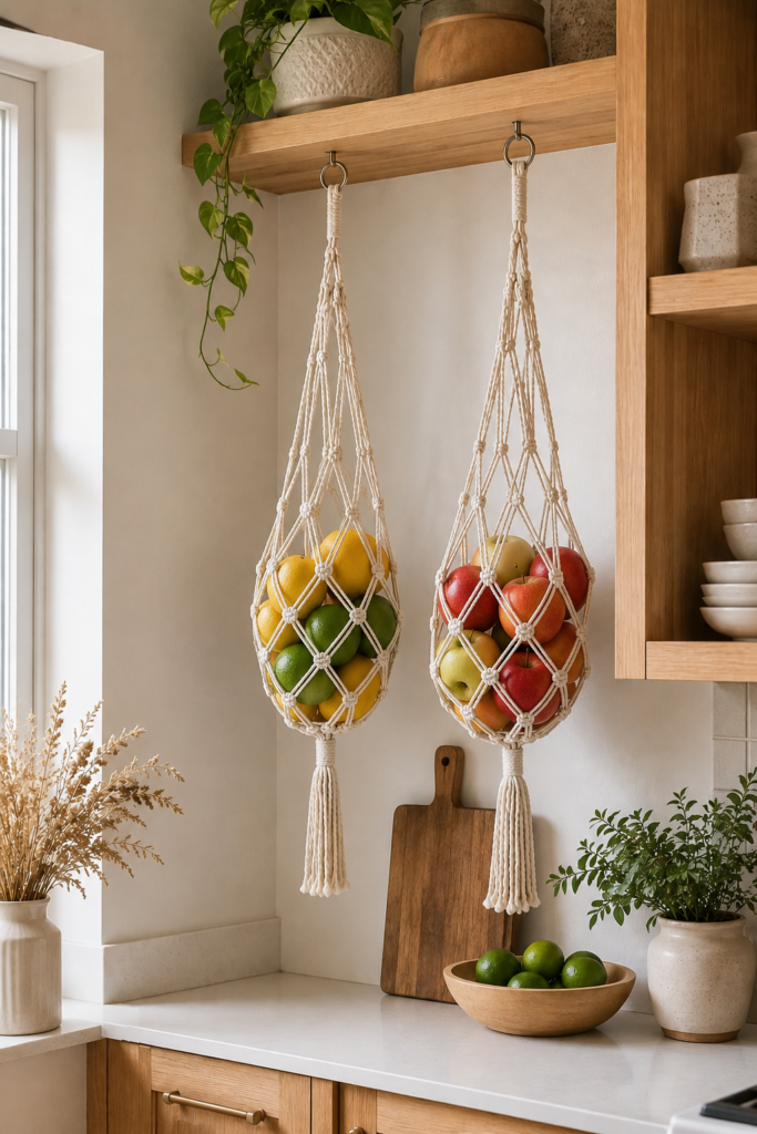 Two macramé hanging fruit baskets filled with produce