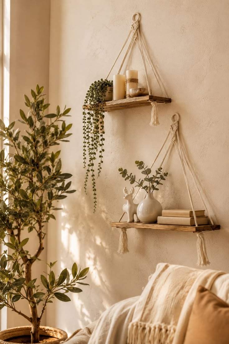  Macramé hanging wood shelves styled with plants and books