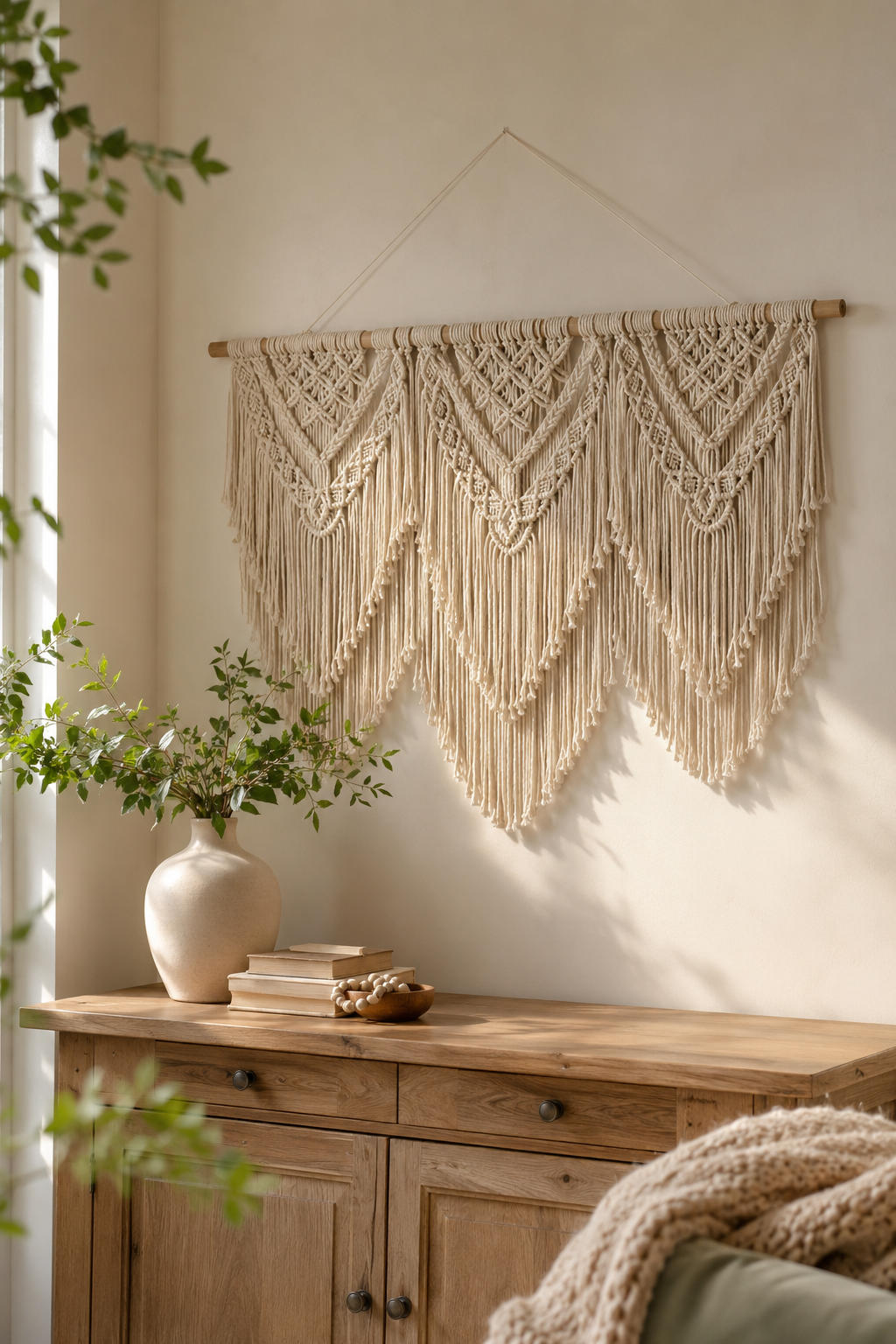 Three-panel woven macrame wall hanging with fringe detail