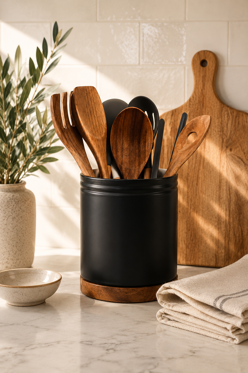 Matte black ceramic utensil holder with wooden spoons