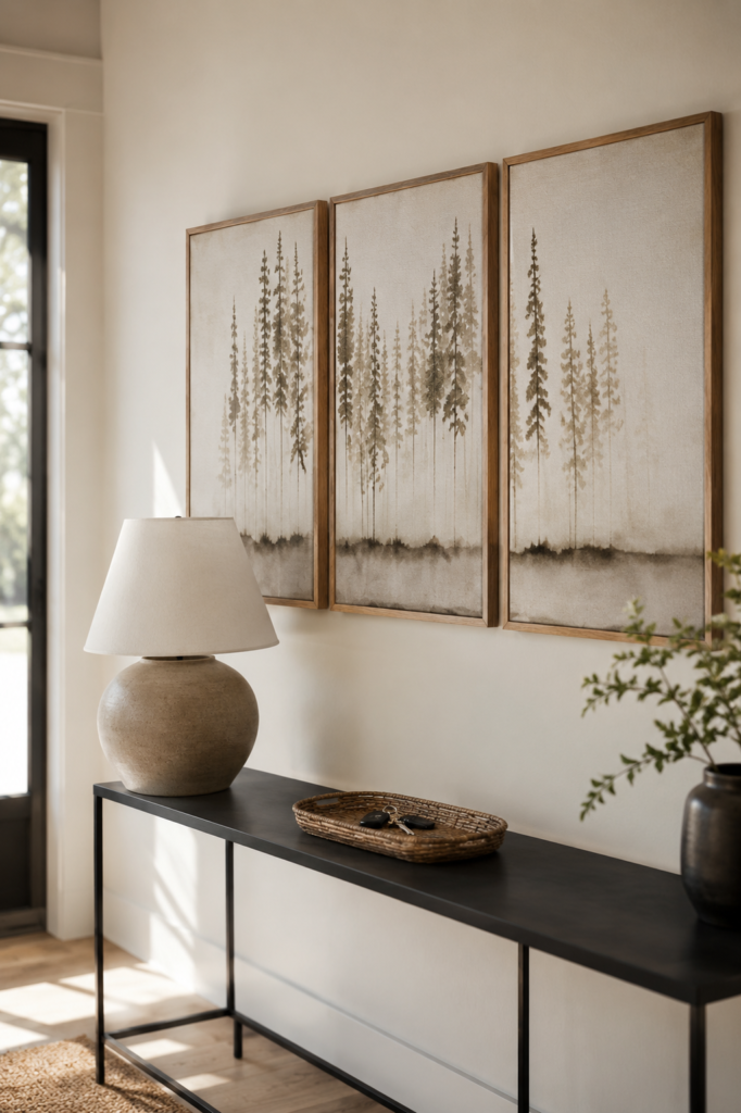 Three-panel framed canvas art of a misty pine forest in muted tones