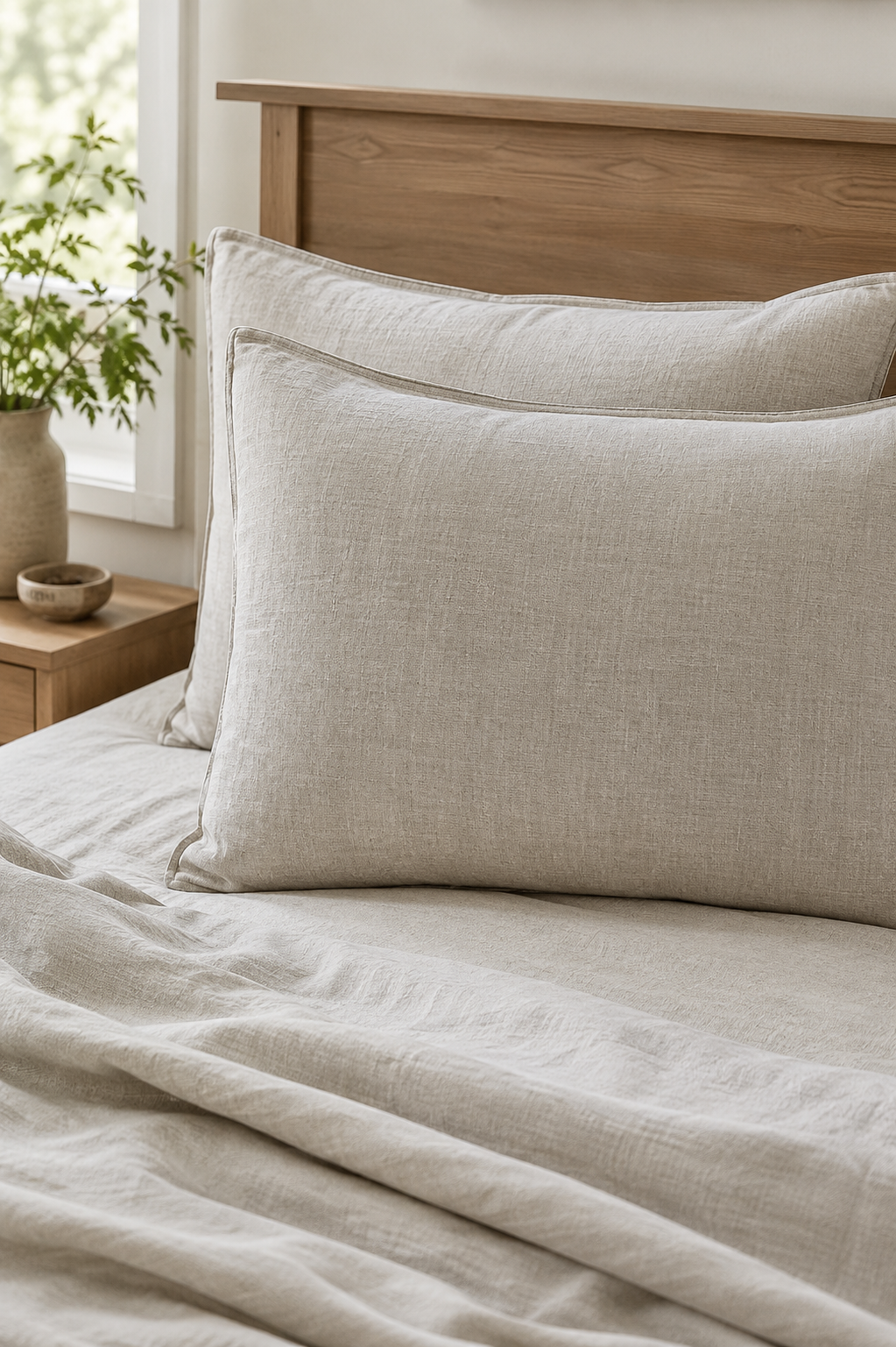 Natural linen pillowcases styled on a made bed