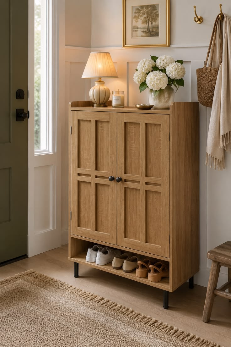 Natural wood shoe cabinet with doors in entryway