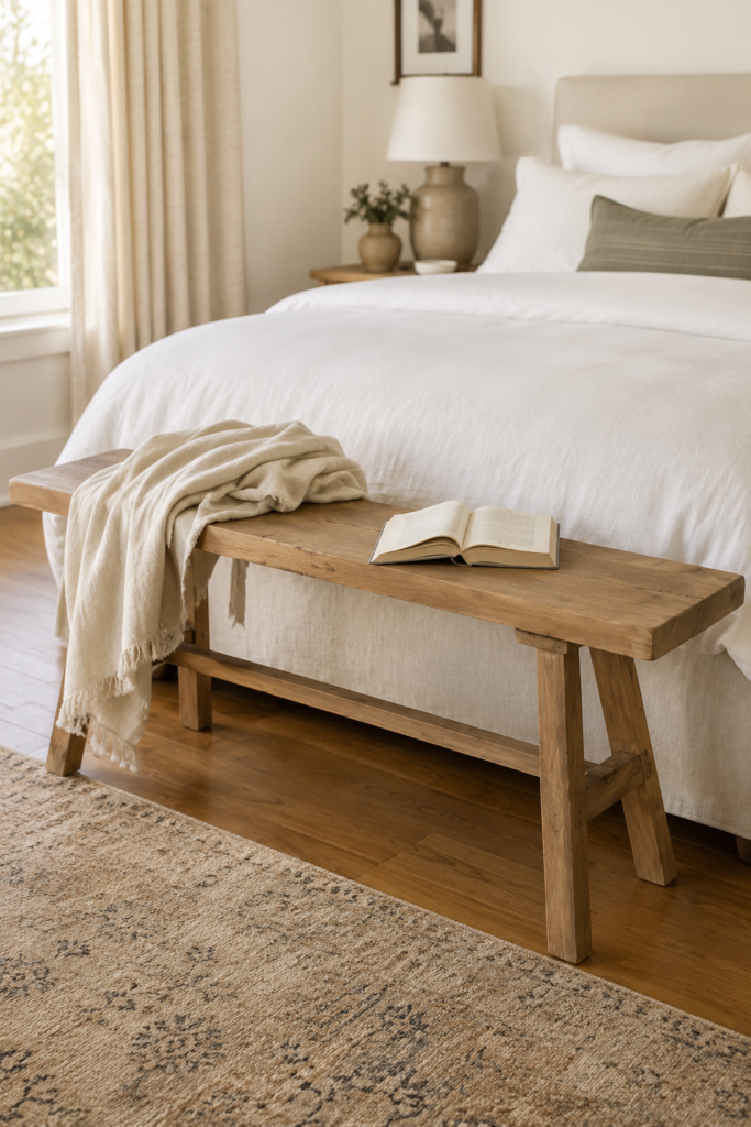 Natural wood bench at the foot of a bright bed