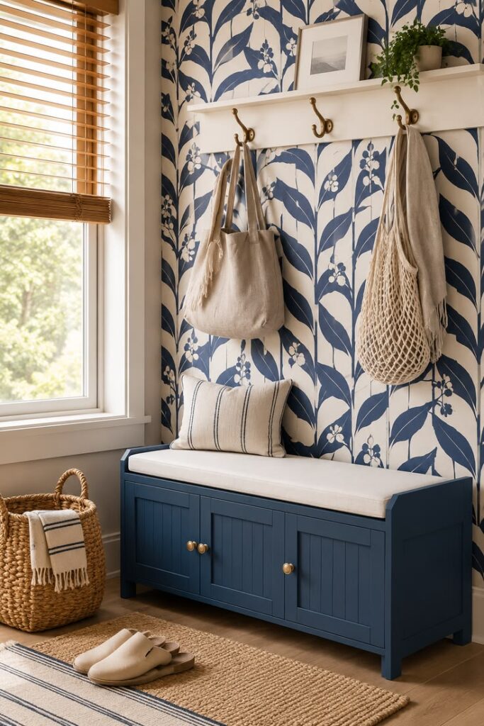 Navy storage bench with botanical wallpaper and brass hooks in entryway