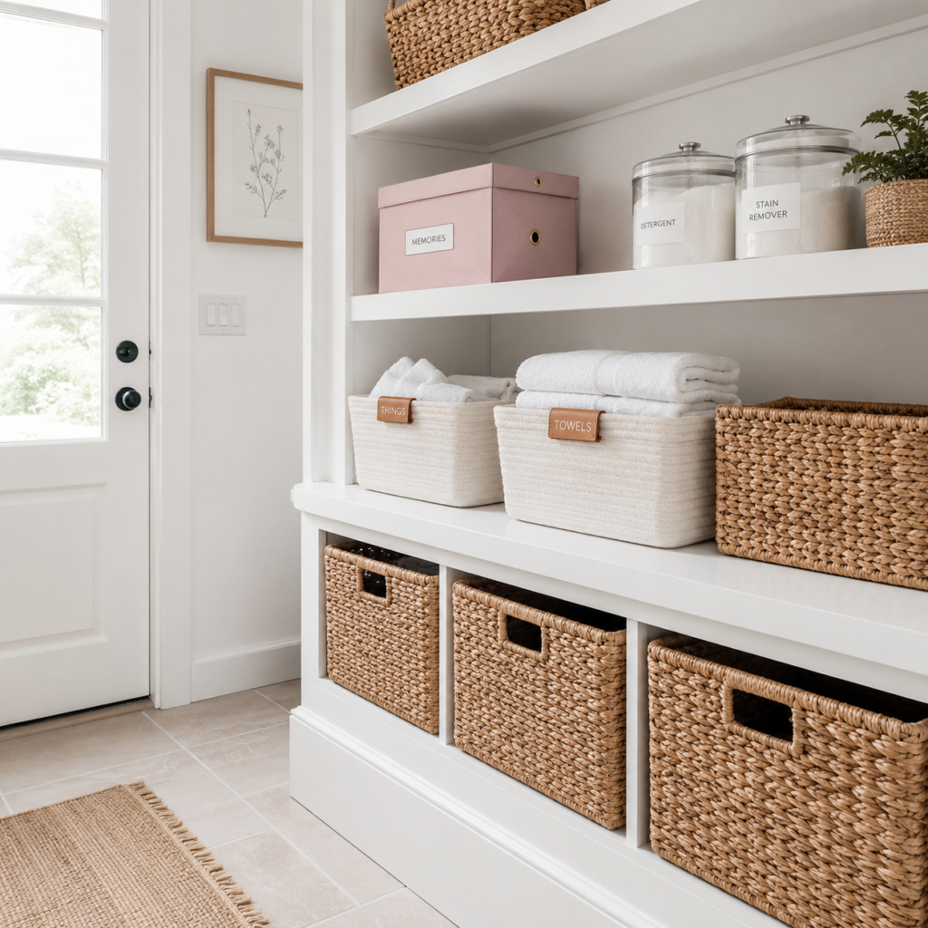 white shelving with woven baskets and neat storage