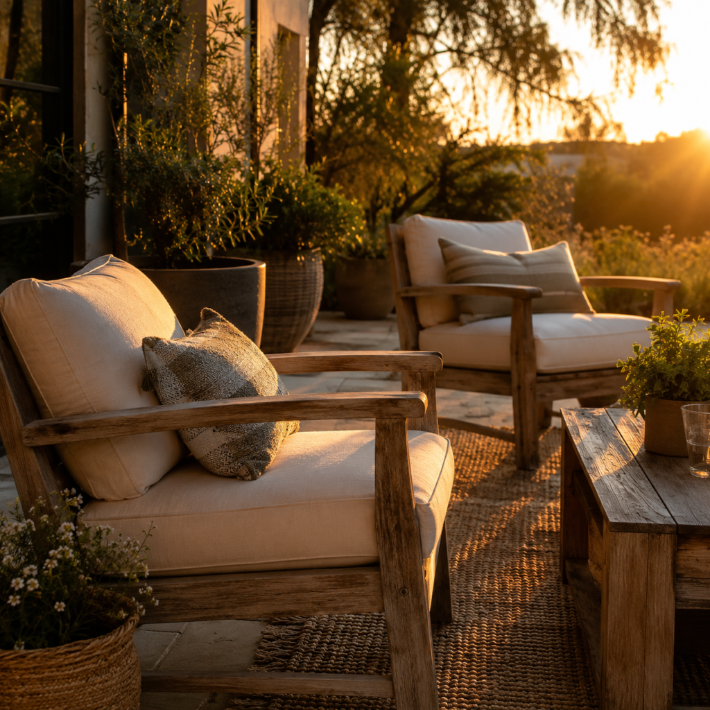 patio with teak lounge chairs and potted plants at golden hour
