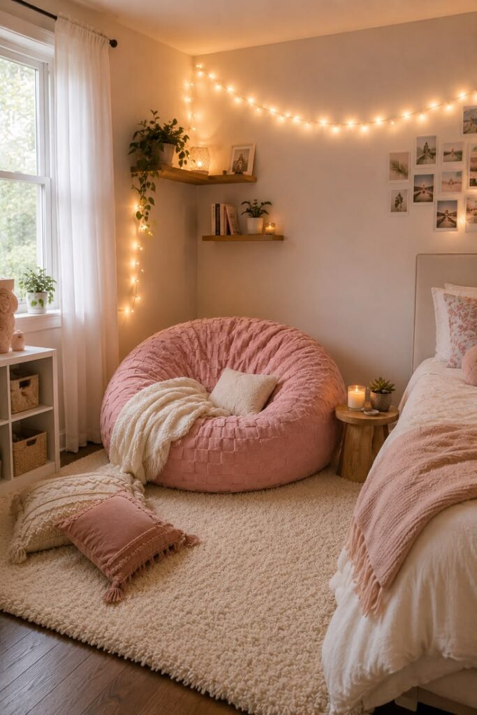 Oversized pink memory foam bean bag chair in a cozy corner