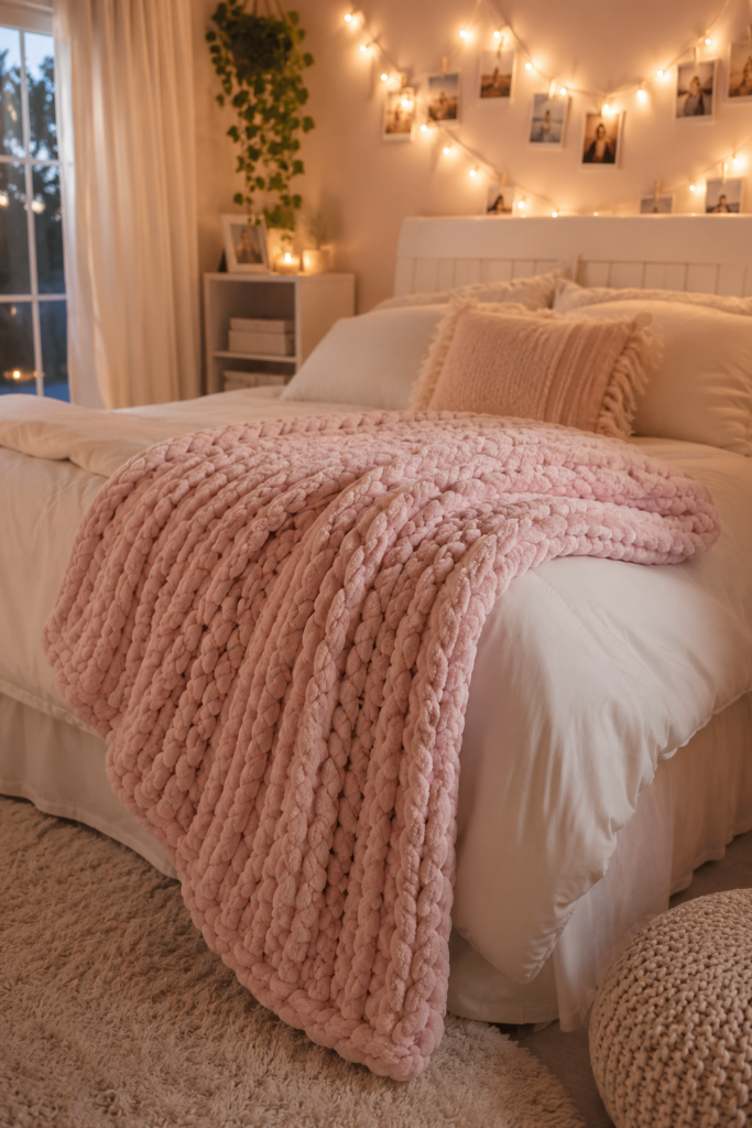  Pale pink chunky knit chenille throw blanket draped over the corner of a bed with cream and white bedding in a warmly lit teen bedroom with string lights