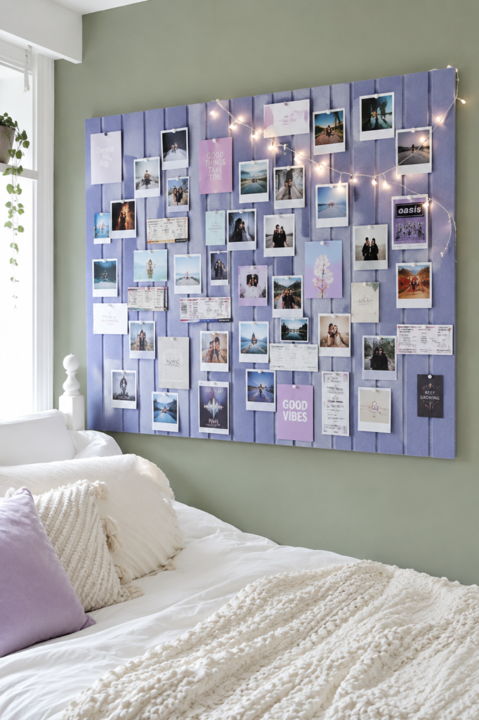 Periwinkle felt pinboard wall covered in photos in colorful teen bedroom